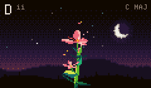 A pink pixel flower grows on the FM-1's screen as chords are played
